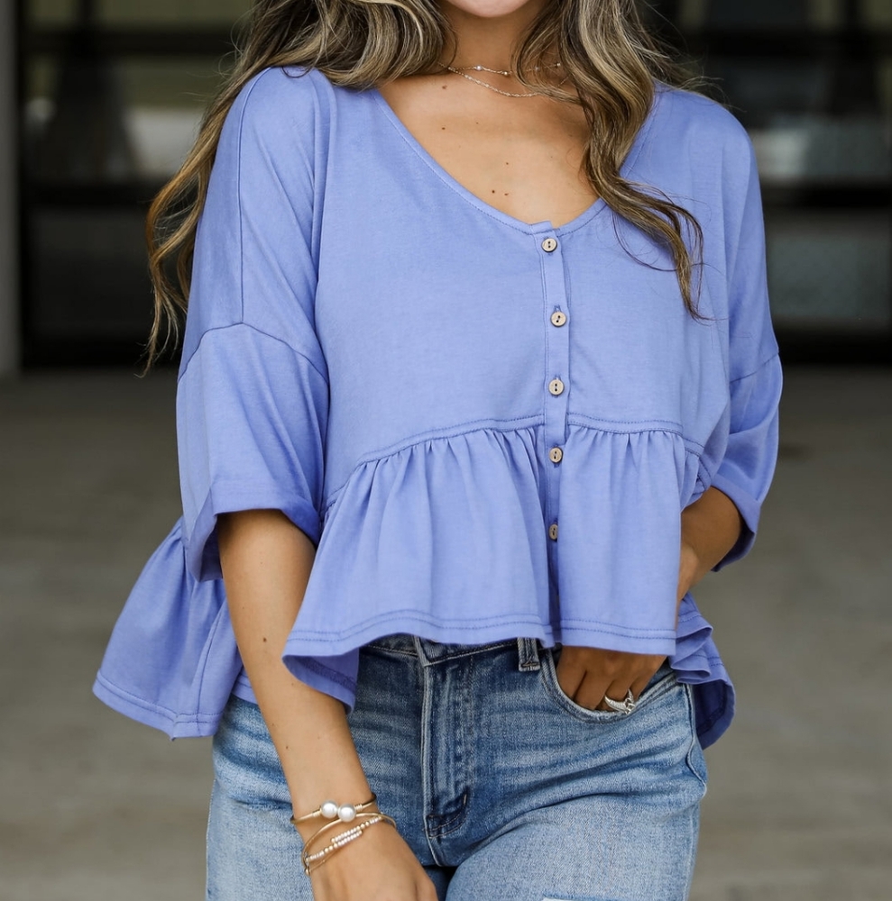 Adorabe Flowy Blue Women's Blouse with Button Accents